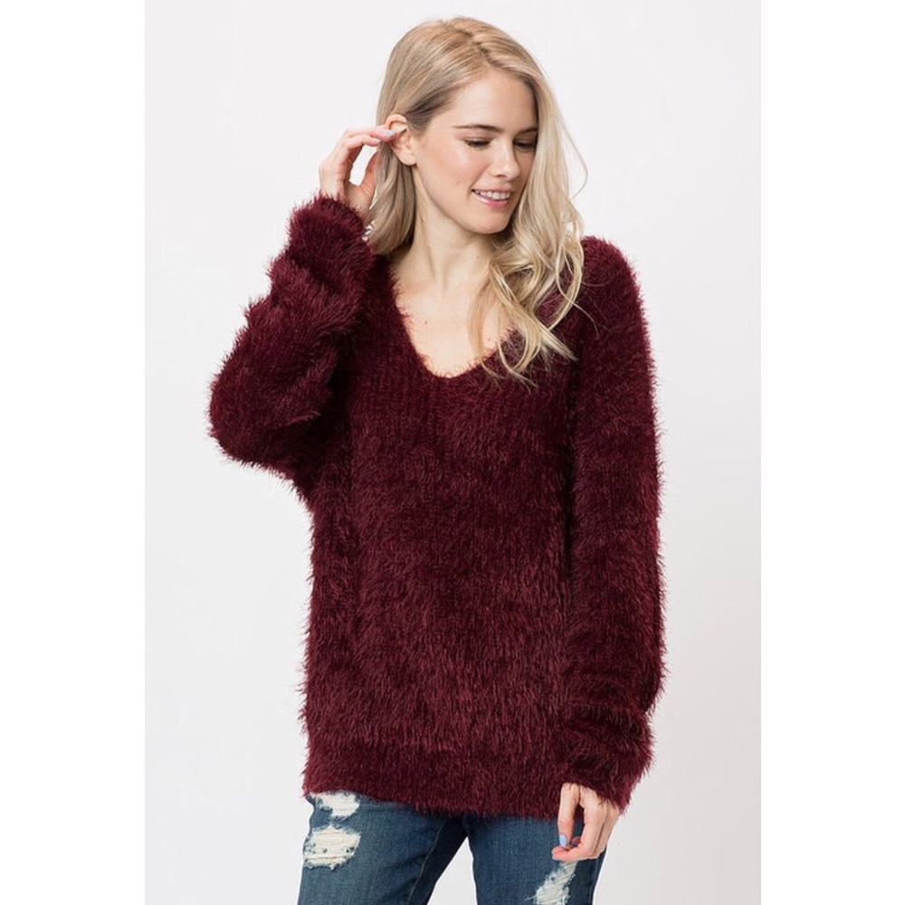 Last☝️Wine Long Sleeve Open Back Fuzzy Sweater - Picture 3 of 5